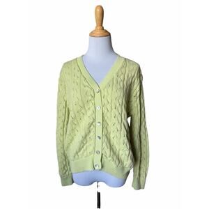 White Stag Cable Knit 100% Cotton Made in USA V Neck Light Green Cardigan Sz L